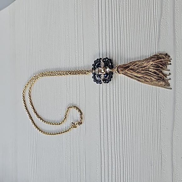 Long gold sapphire beaded necklace - Picture 2 of 2